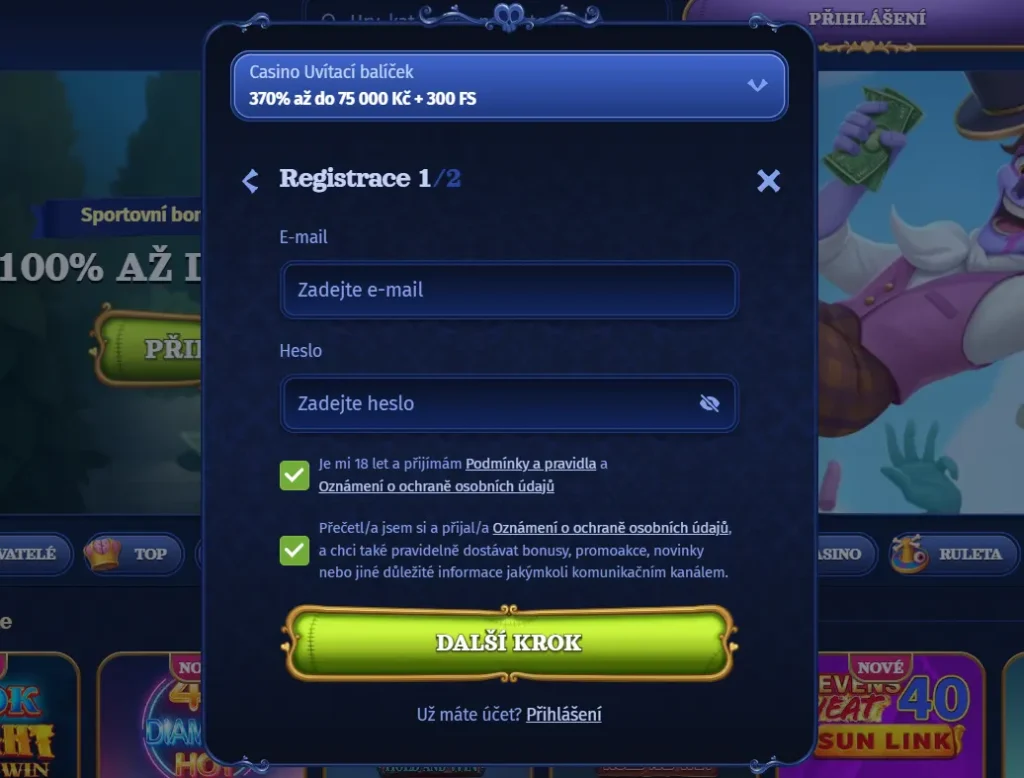 Registrační nebo ověřovací rozhraní Casombie zachycené ze skutečné stránky