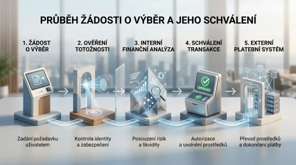 Ilustrace časové osy výběru od žádosti přes kontrolu KYC po předání platební síti